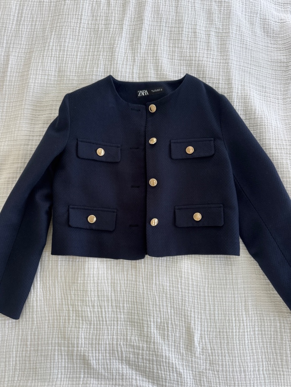 Zara Navy Cropped Gold-Button Blazer